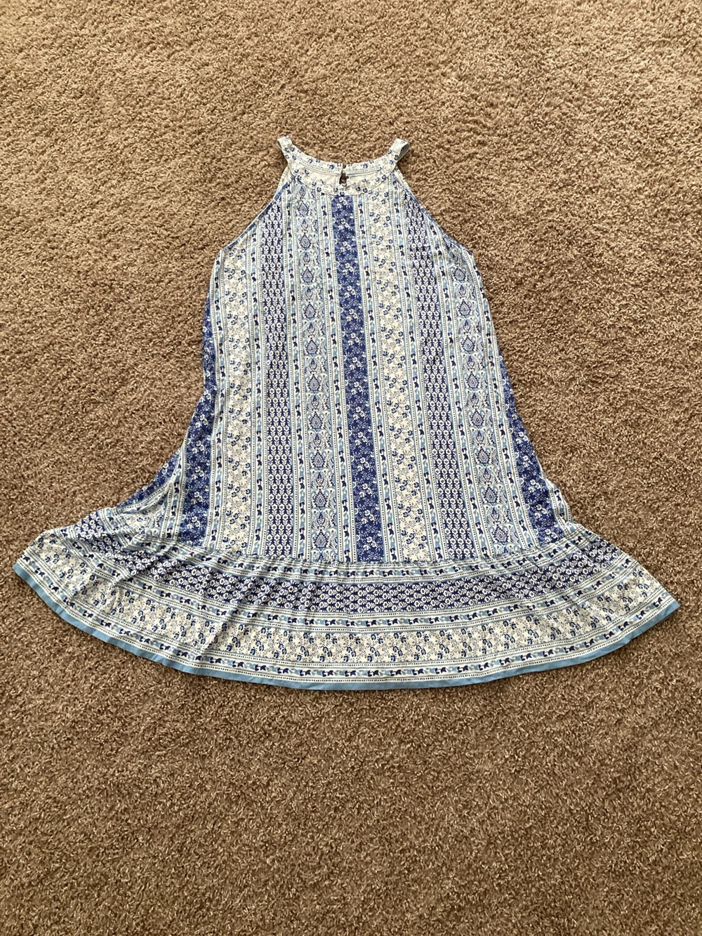 LOFT Blue & White Patterned Midi Halter Dress, XL, Easy Summer Style! Worn 1x